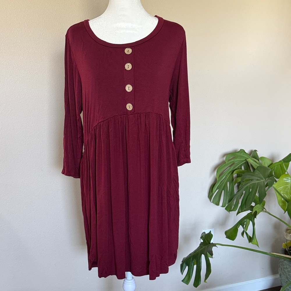 Beeson River Burgundy Long Sleeve Lightweight Dress, 1XL